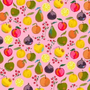 Painted apples, oranges, pears, figs, lemons, clementines and red berries on a light pink background - medium