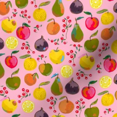 Painted apples, oranges, pears, figs, lemons, clementines and red berries on a light pink background - small