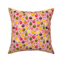 Painted apples, oranges, pears, figs, lemons, clementines and red berries on a light pink background - small