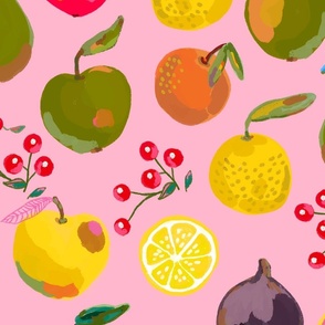 Painted apples, oranges, pears, figs, lemons, clementines and red berries on a light pink background - large