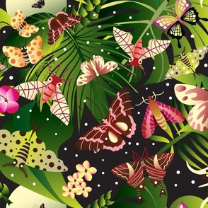 Jungle Moths with leaves and palm fronds in pink green brown