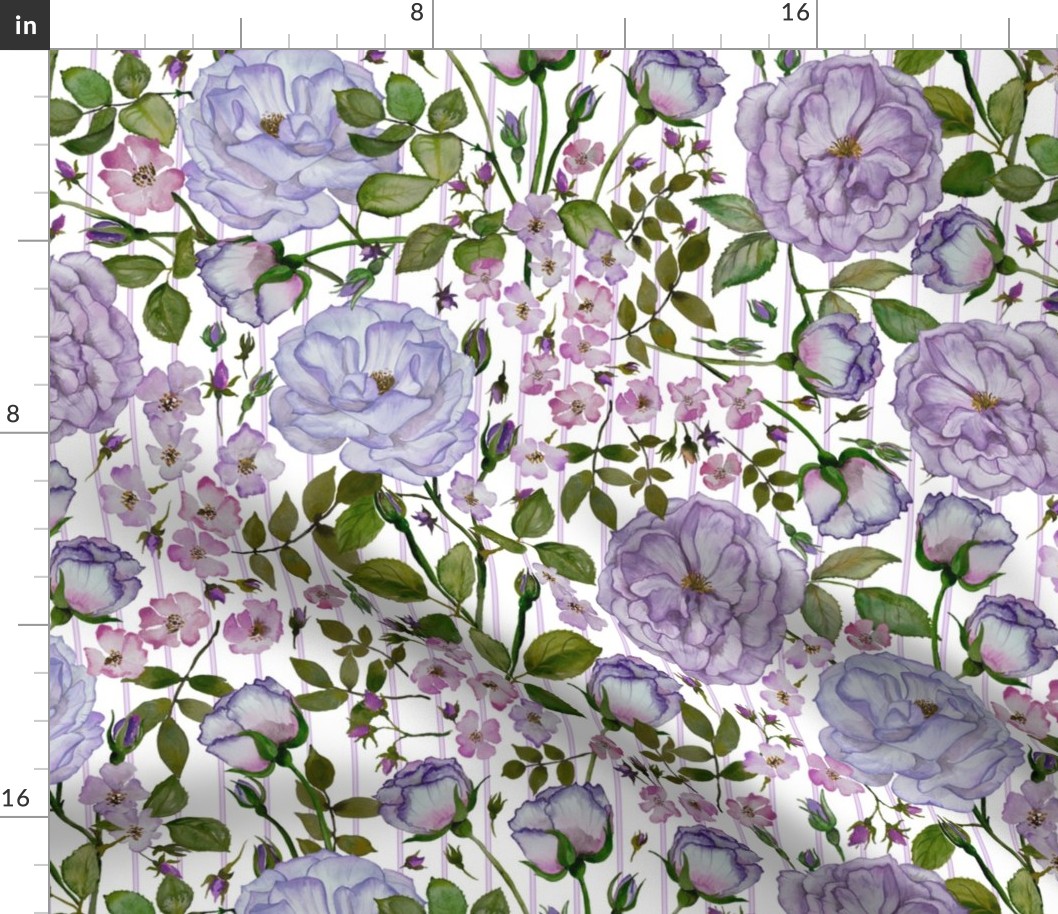 rose garden on pin stripe // small scale - soft lilac purple