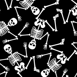 Large White Dancing Halloween Skeletons Scattered On Black