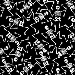 White Dancing Halloween Skeletons Scattered On Black