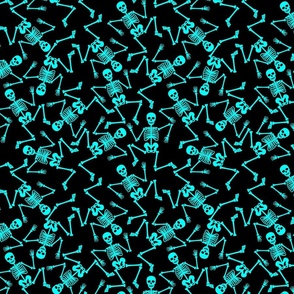 Small  Bright Aqua Dancing Halloween Skeletons Scattered On Black