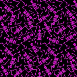 Small Bright Pink Dancing Halloween Skeletons Scattered On Black