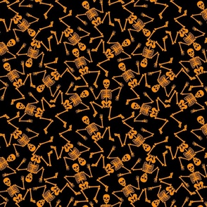 Small Bright Orange Dancing Halloween Skeletons Scattered On Black