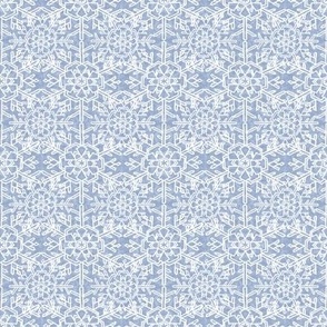 Christmas Winter Snowflake Lace Pattern in White on Periwinkle Blue Textural Background with 8 in repeat