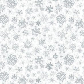 Christmas Winter Hand Drawn Unique Silver Gray Snowflakes Layered on Solid White Background with 4 inch Repeat