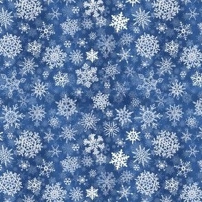 Christmas Winter White Hand Drawn Unique Snowflakes Layered on Textural Watercolor Wash Navy Blue Background in 4 inch Repeat