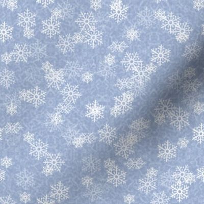 White Snowflake Flurries Layered on Blue Textured Background 8 inch Repeat