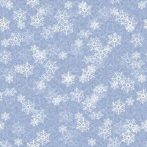 White Snowflake Flurries Layered on Blue Textured Background 8 inch Repeat