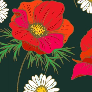DAISIES AND POPPIES | on forest green | JUMBO