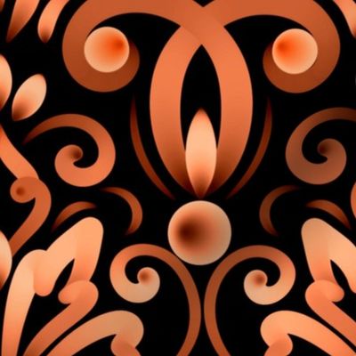 Ornamental Damask Victorian Floral Pattern - Autumn Mood - Dark Red Orange Vermilion Brown Persimmon on Black - Bogemian Modern Soft  Royal Art Deco Antique Ornament - Botanical Petal Vintage Motive - Large