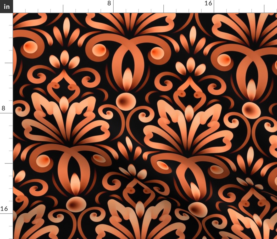 Ornamental Damask Victorian Floral Pattern - Autumn Mood - Dark Red Orange Vermilion Brown Persimmon on Black - Bogemian Modern Soft  Royal Art Deco Antique Ornament - Botanical Petal Vintage Motive - Large