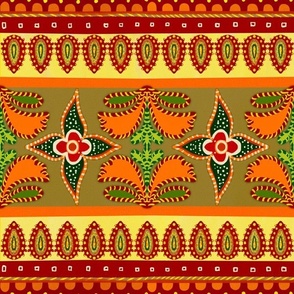 Autumn fall oranges and cream Vintage ethnic border design faux embroidery woven effect 12” repeat