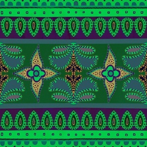 Bright green hues Vintage ethnic border design faux embroidery woven effect 12” repeat