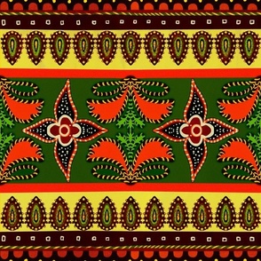 Vintage ethnic border design faux embroidery woven effect crimson  red and buff 12” repeat