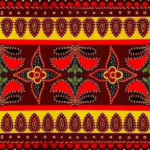 Reds and buffs Vintage ethnic border design faux embroidery woven effect 6” repeat winter holidays 