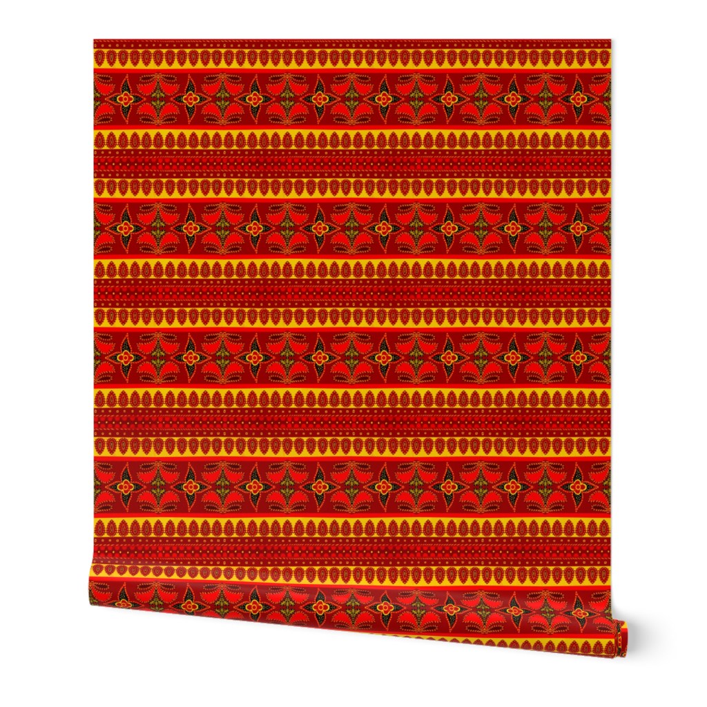 Vintage ethnic border design faux embroidery woven effect Red and orange hues 6” repeat