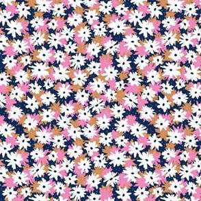 Boho winter daisies - Raw ink sweet blossom ditsy flowers daisy garden navy blue caramel orange pink white
