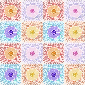Bright daisy granny squares, texture, knitting, crochet, pink, orange, blue, purple 