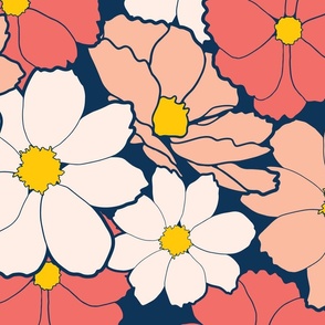 Pink and blue retro floral, vintage floral, pink and navy, peach and navy, cosmos, wildflower, ashleigh fish