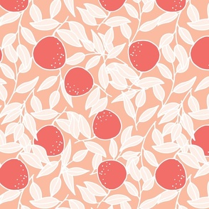 Pink oranges with leaves tossed print for girly summer dresses. Large scale fruit