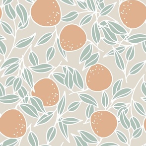 Oranges - muted palette, sage green, mint green, taupe, orange, citrus, botanical, leafy, kitchen