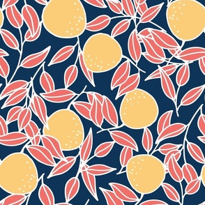 Oranges in Navy and pink, botanical, bright, colourful, kitchen, fruit, 