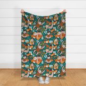 Large jumbo scale // Sloths in pumpkin mood // green background orange teal and aqua autumnal pumpkins fall leaves shepherd’s check yellow sunflowers 