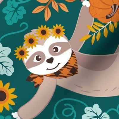 Large jumbo scale // Sloths in pumpkin mood // green background orange teal and aqua autumnal pumpkins fall leaves shepherd’s check yellow sunflowers 