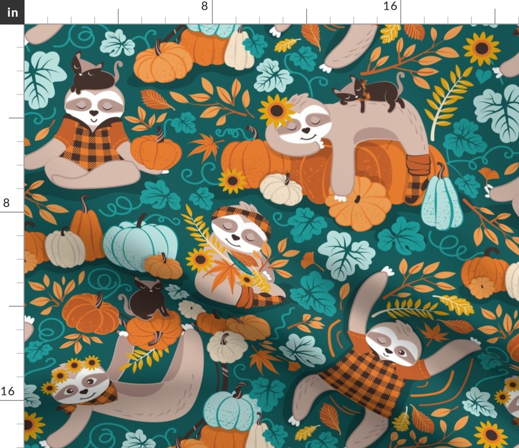 Normal scale // Sloths in pumpkin mood // green background orange teal and aqua autumnal pumpkins fall leaves shepherd’s check yellow sunflowers 