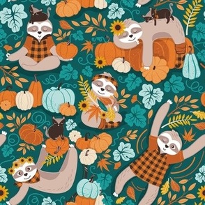 Small scale // Sloths in pumpkin mood // green background orange teal and aqua autumnal pumpkins fall leaves shepherd’s check yellow sunflowers 