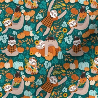Tiny scale // Sloths in pumpkin mood // green background orange teal and aqua autumnal pumpkins fall leaves shepherd’s check yellow sunflowers 