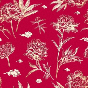Beautiful seamless pattern in chinese style with hand drawn luxurious Peonies flowers and clouds on a red background