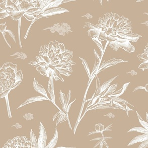 Beautiful seamless pattern in chinese style with hand drawn luxurious Peonies flowers and clouds on a beige background