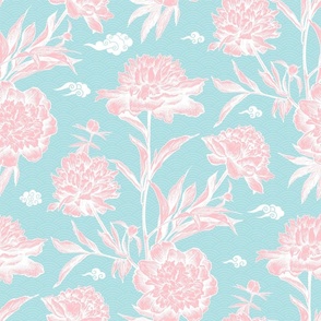 Beautiful seamless pattern in chinese style with hand drawn luxurious pink Peonies flowers and clouds on a blue background