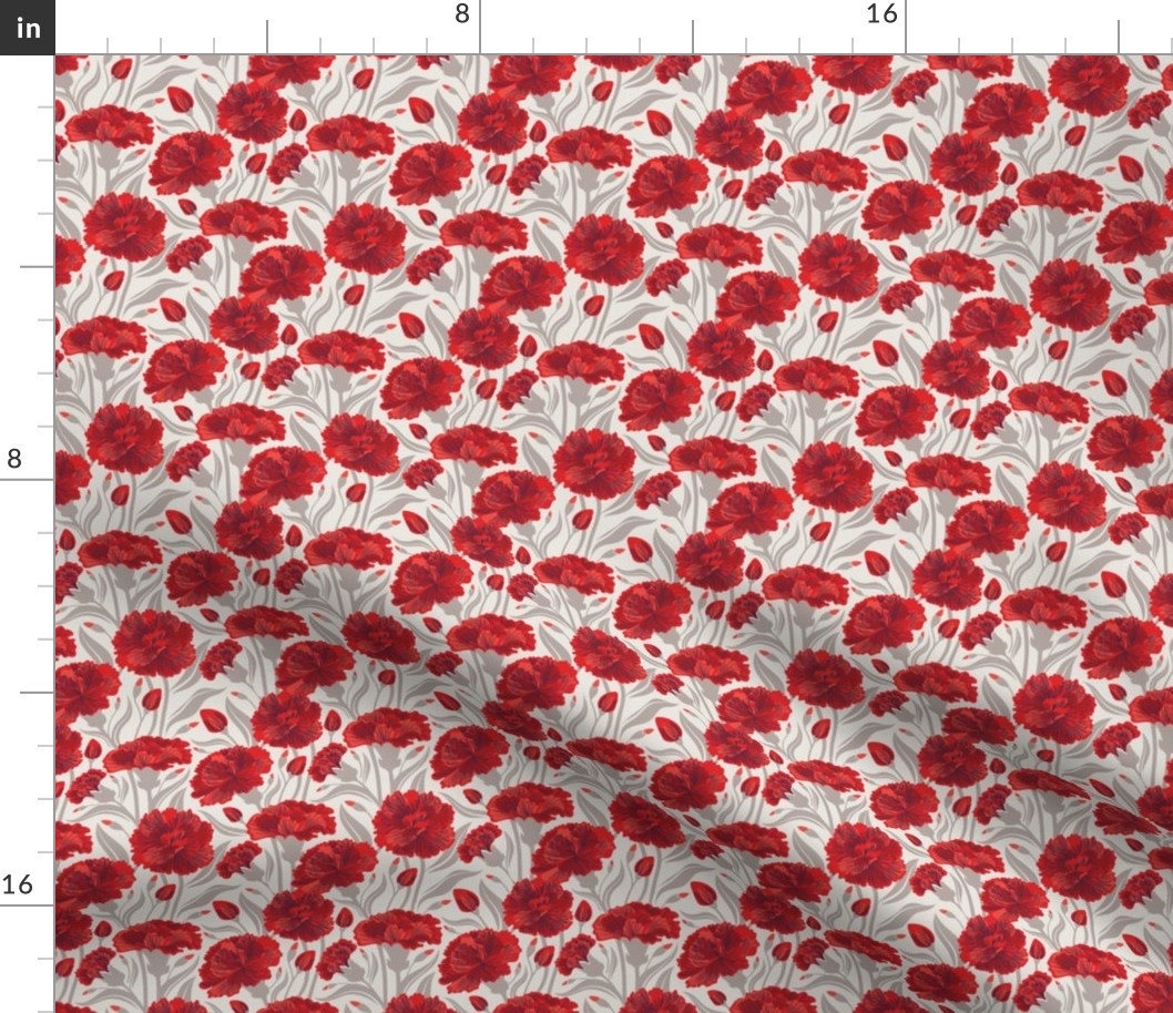 Tiny scale // Red carnation flowers // beige background vivid red coral and martini brown clove flowers