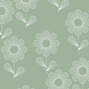 Japanese minimalism - geometric boho flower blossom retro style thin outlines retro floral garden summer sage green