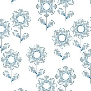 Japanese minimalism - geometric boho flower blossom retro style thin outlines retro floral garden summer classic blue on white