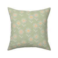 Japanese minimalism - geometric boho flower blossom retro style thin outlines retro floral garden summer sage green orange 