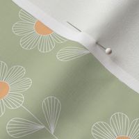 Japanese minimalism - geometric boho flower blossom retro style thin outlines retro floral garden summer sage green orange 