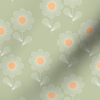 Japanese minimalism - geometric boho flower blossom retro style thin outlines retro floral garden summer sage green orange 