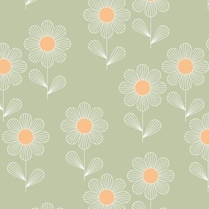 Japanese minimalism - geometric boho flower blossom retro style thin outlines retro floral garden summer sage green orange 