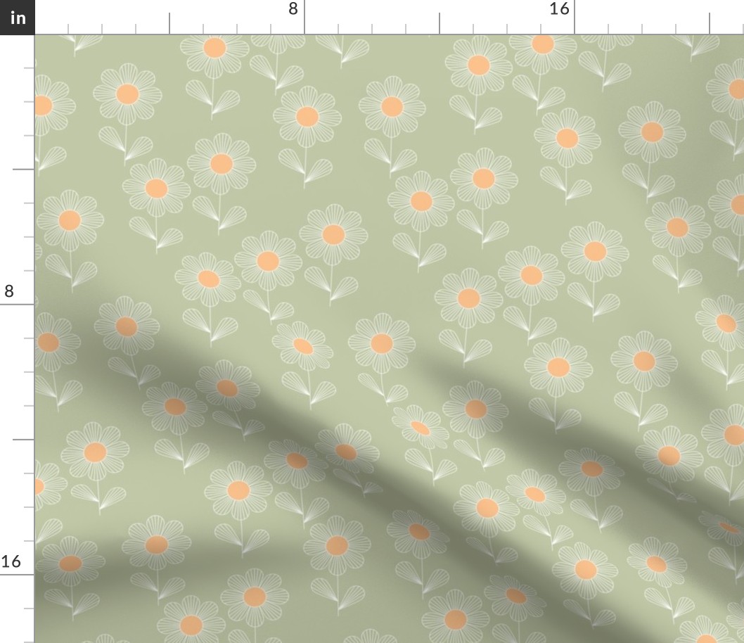 Japanese minimalism - geometric boho flower blossom retro style thin outlines retro floral garden summer sage green orange 