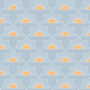 Geometric retro sunrise - japanese minimalist style sunny flower day reflection modern outline illustration orange blue