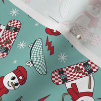 MEDIUM skateboard snowman fabric - checkerboard trendy christmas fabric