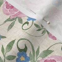 Medium Pink Victorian Roses and Forget-Me-Nots on Cream