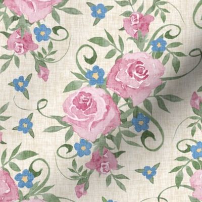 Medium Pink Victorian Roses and Forget-Me-Nots on Cream